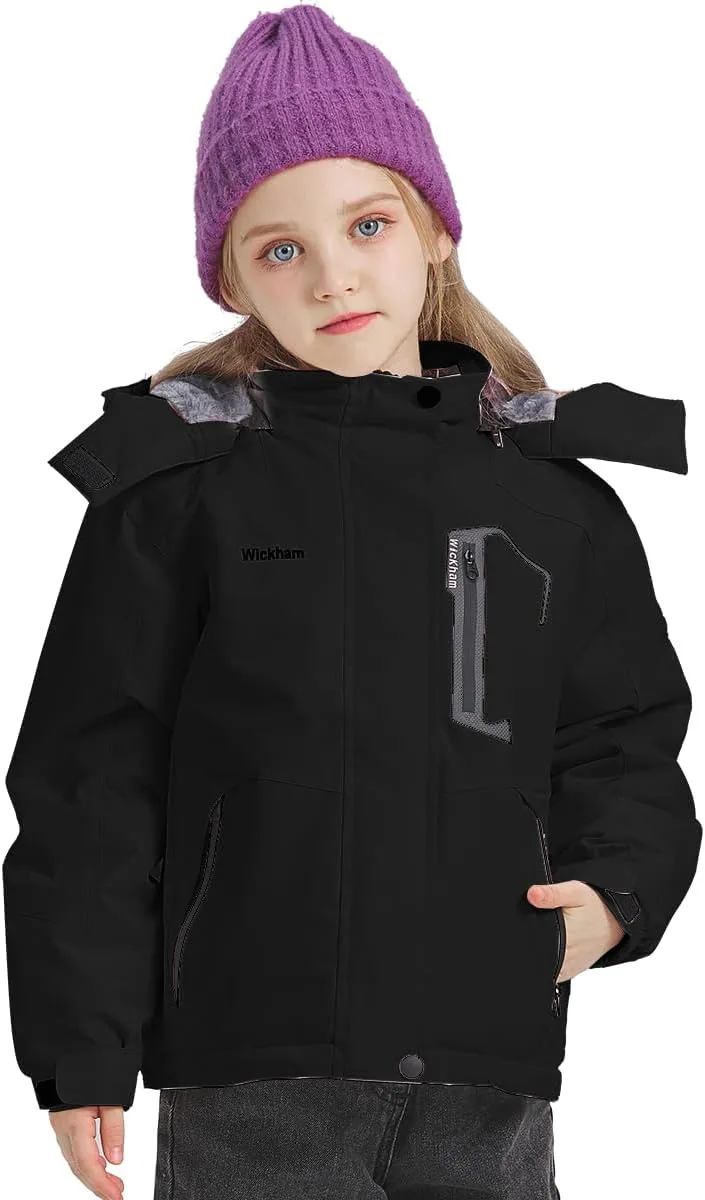 WICKHAM Girl's Waterproof Ski Jacket Winter Warm Fleece Lined Snow Windproof Jackets Removable Hood Ski Coat for Kids