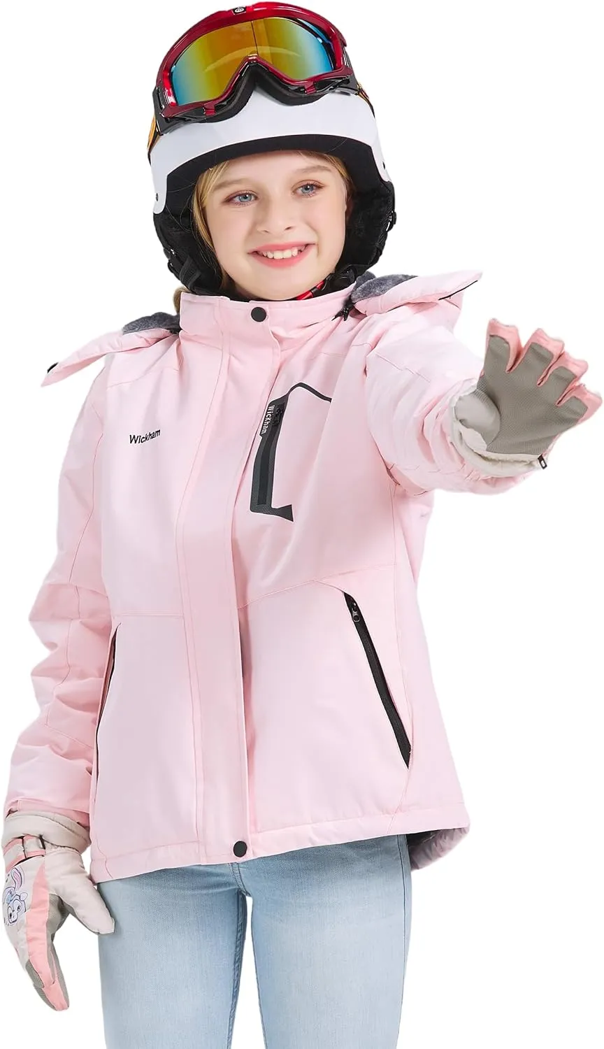 WICKHAM Girl's Waterproof Ski Jacket Winter Warm Fleece Lined Snow Windproof Jackets Removable Hood Ski Coat for Kids