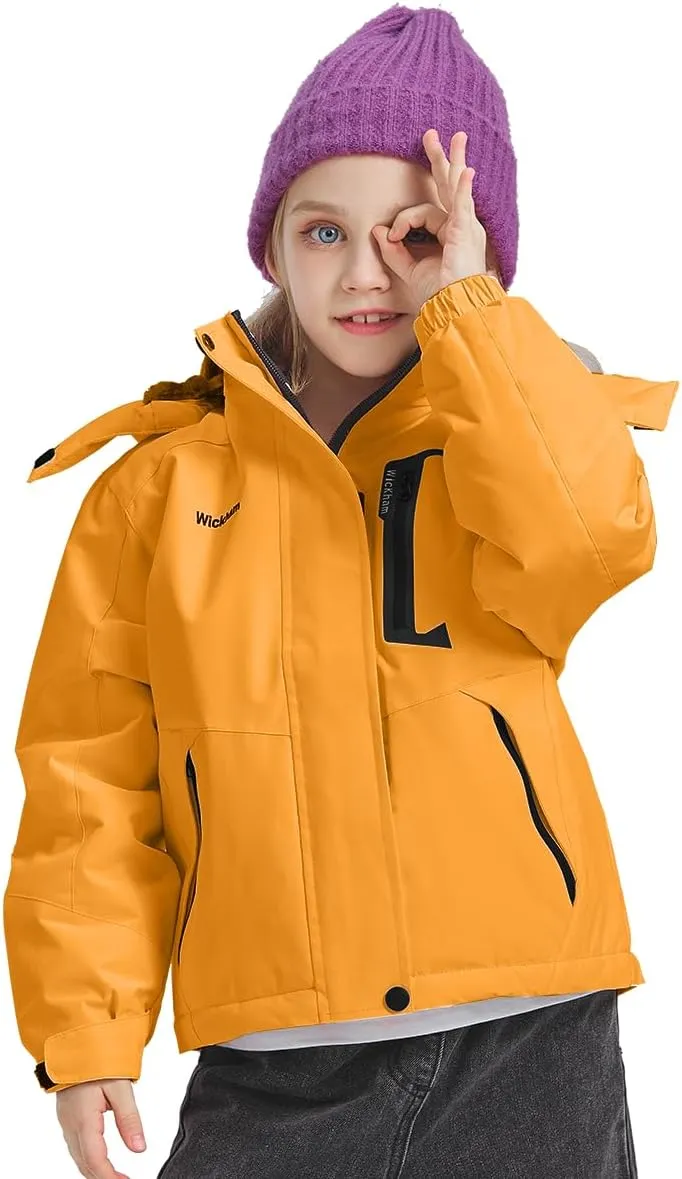 WICKHAM Girl's Waterproof Ski Jacket Winter Warm Fleece Lined Snow Windproof Jackets Removable Hood Ski Coat for Kids