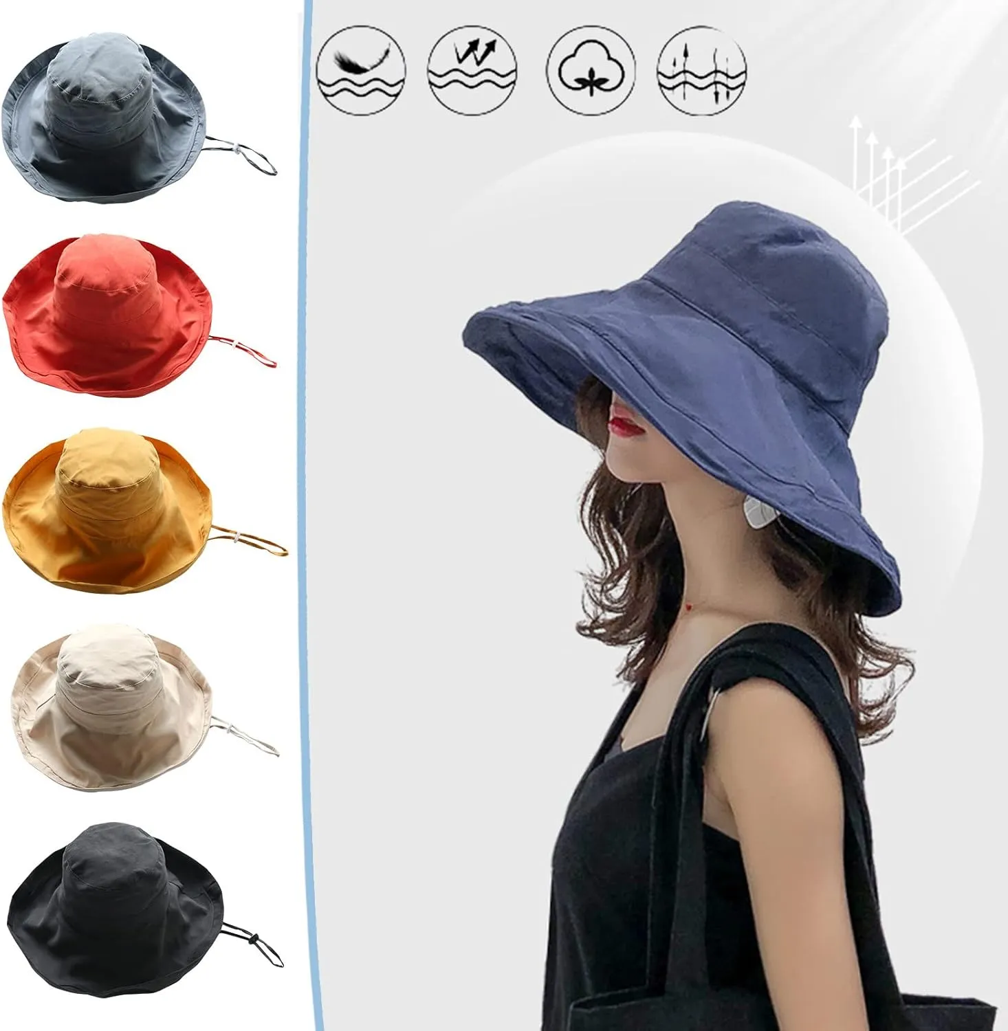 Wide Brim Sun Hats Women Cotton Floppy Roll-Up Bucket Hat Packable Summer Beach Hat UV Protection Travel Accessories