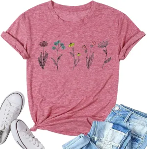 Wildflower Shirts for Women Causal Summer Flower Graphic Tees Cute Garden Plant Lover Tshirts Tops