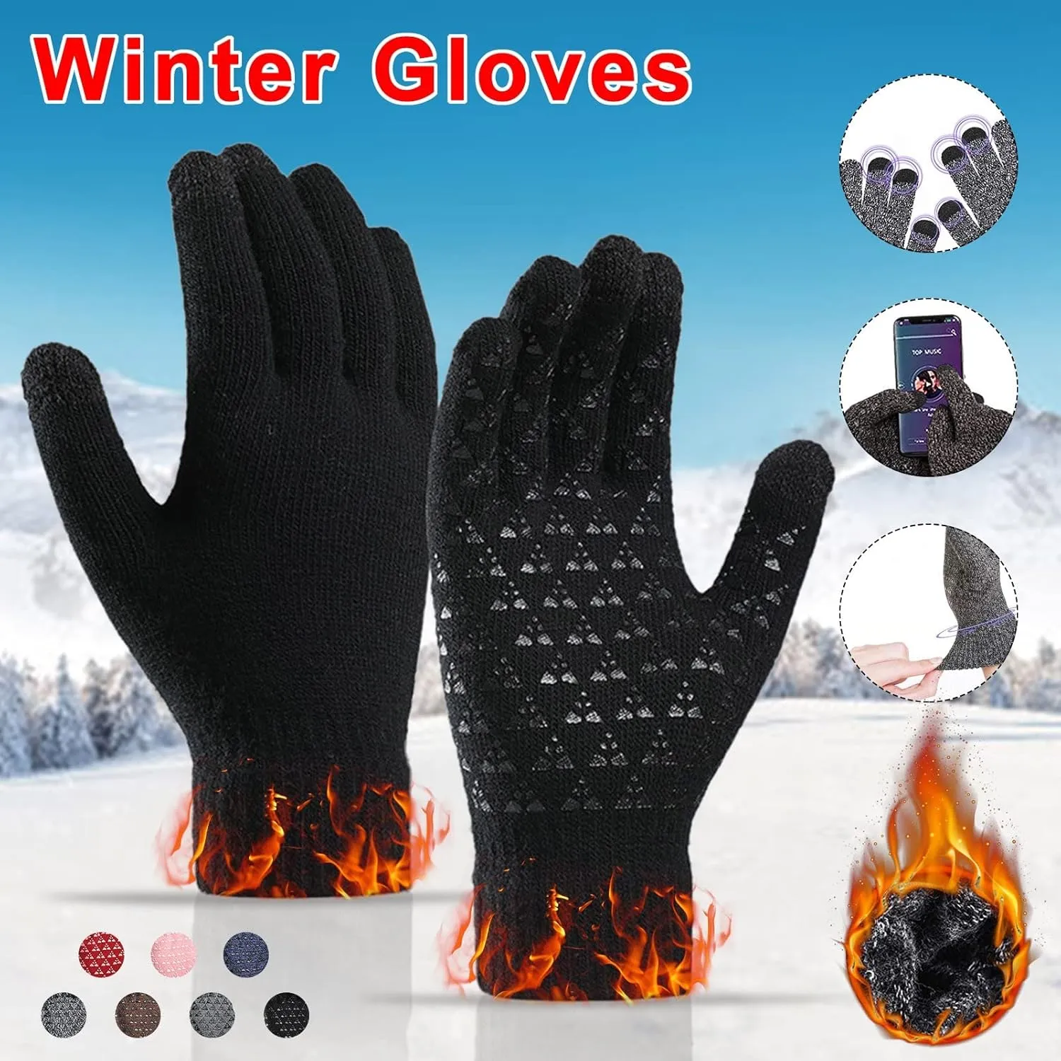Winter Gloves Men,Full Fingers Touch Screen Thermal Knit Lining Warm Gloves for Cold Weather Kids Hiking Driving