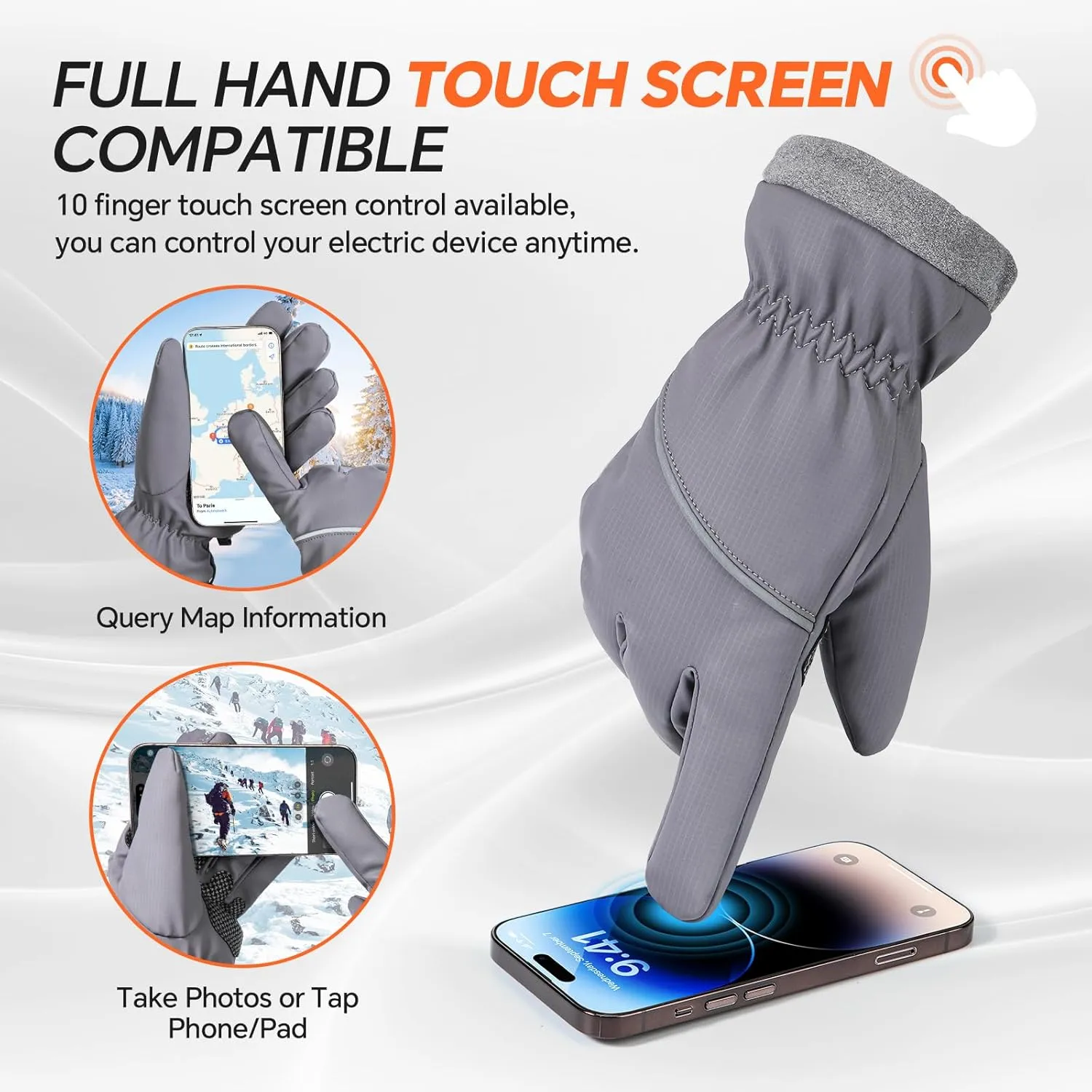 Winter Gloves Waterproof Windproof Thermal for Men Women, Ambidextrous Skiing Gloves for Cold Weather, Touch Screen, Grey