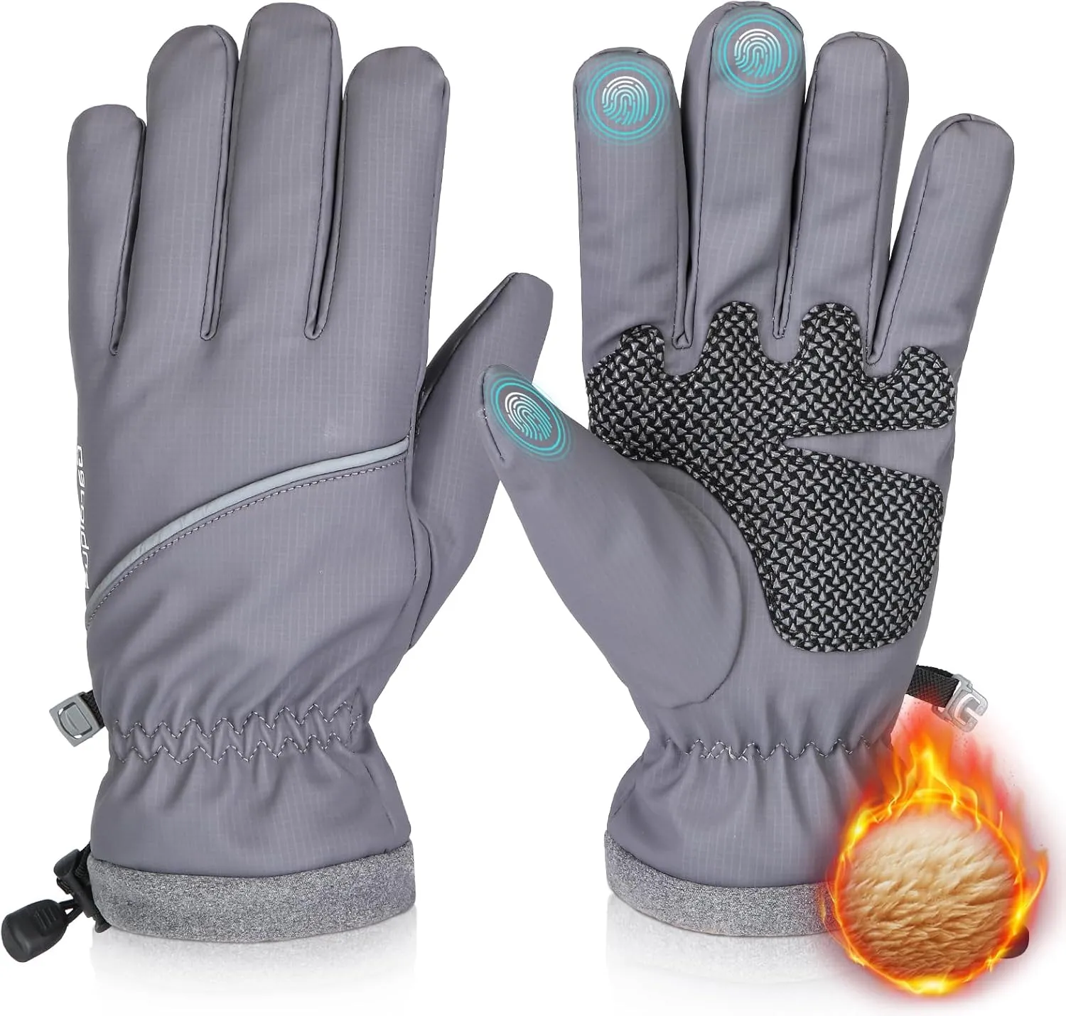 Winter Gloves Waterproof Windproof Thermal for Men Women, Ambidextrous Skiing Gloves for Cold Weather, Touch Screen, Grey