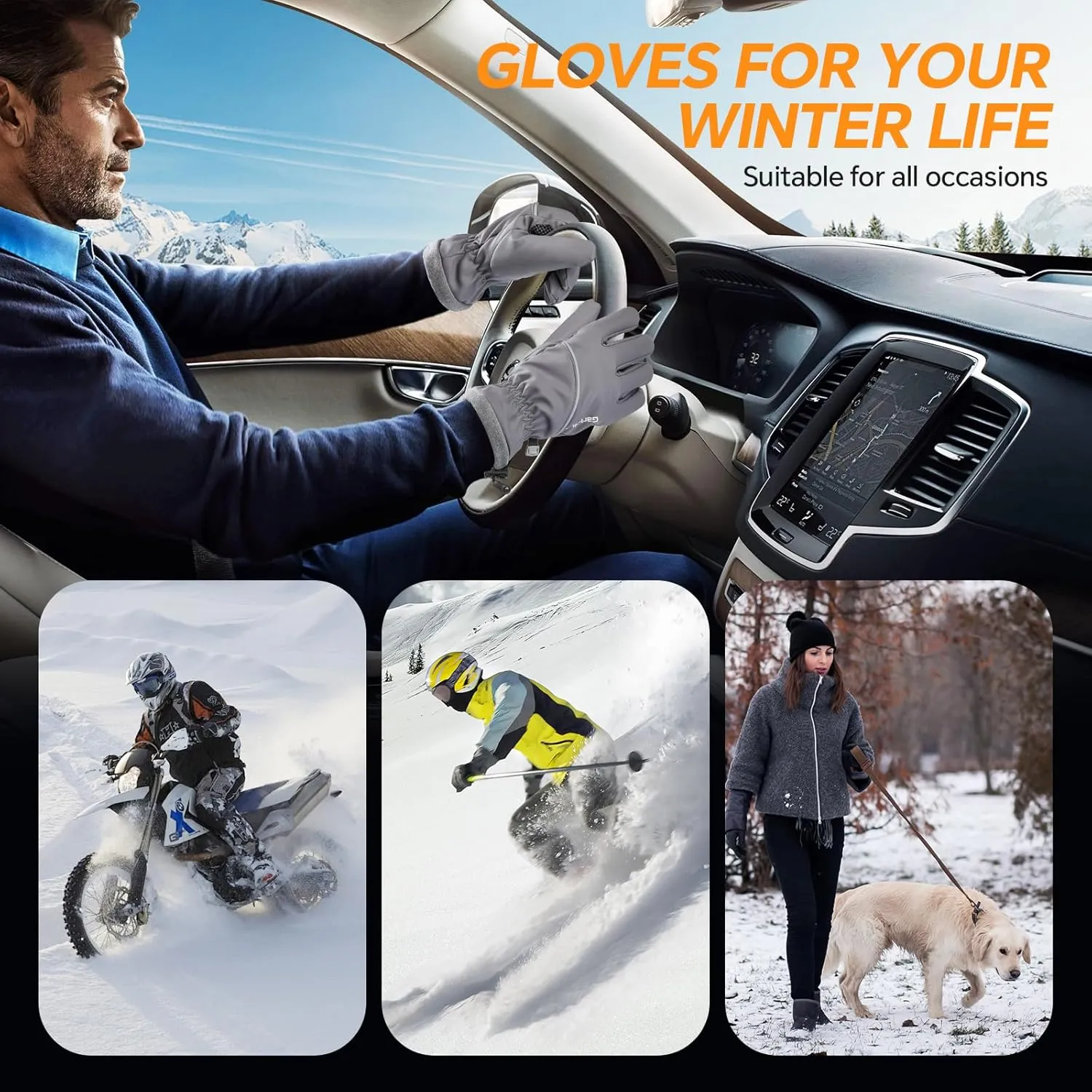 Winter Gloves Waterproof Windproof Thermal for Men Women, Ambidextrous Skiing Gloves for Cold Weather, Touch Screen, Grey