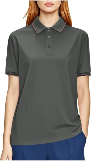 Women Button Up Collared Golf Polo Shirt Fashion Striped Trim Mesh Quick Dry T-Shirts Summer Short Sleeve Dressy Work Tops