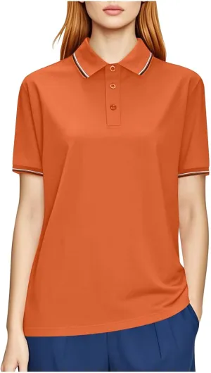 Women Button Up Collared Golf Polo Shirt Fashion Striped Trim Mesh Quick Dry T-Shirts Summer Short Sleeve Dressy Work Tops
