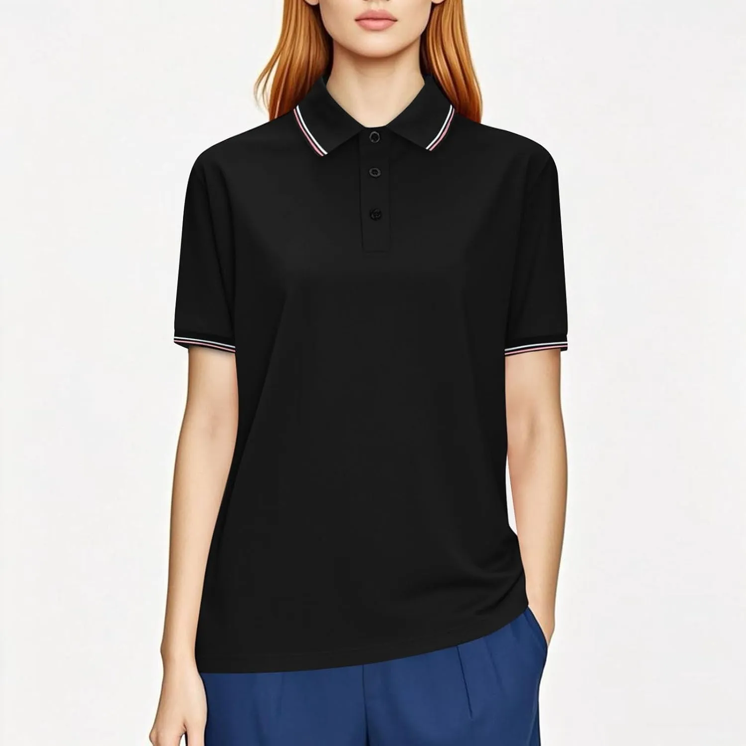 Women Button Up Collared Golf Polo Shirt Fashion Striped Trim Mesh Quick Dry T-Shirts Summer Short Sleeve Dressy Work Tops