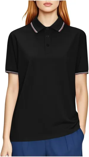 Women Button Up Collared Golf Polo Shirt Fashion Striped Trim Mesh Quick Dry T-Shirts Summer Short Sleeve Dressy Work Tops