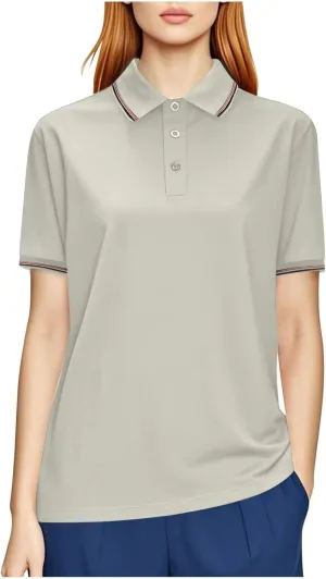 Women Button Up Collared Golf Polo Shirt Fashion Striped Trim Mesh Quick Dry T-Shirts Summer Short Sleeve Dressy Work Tops