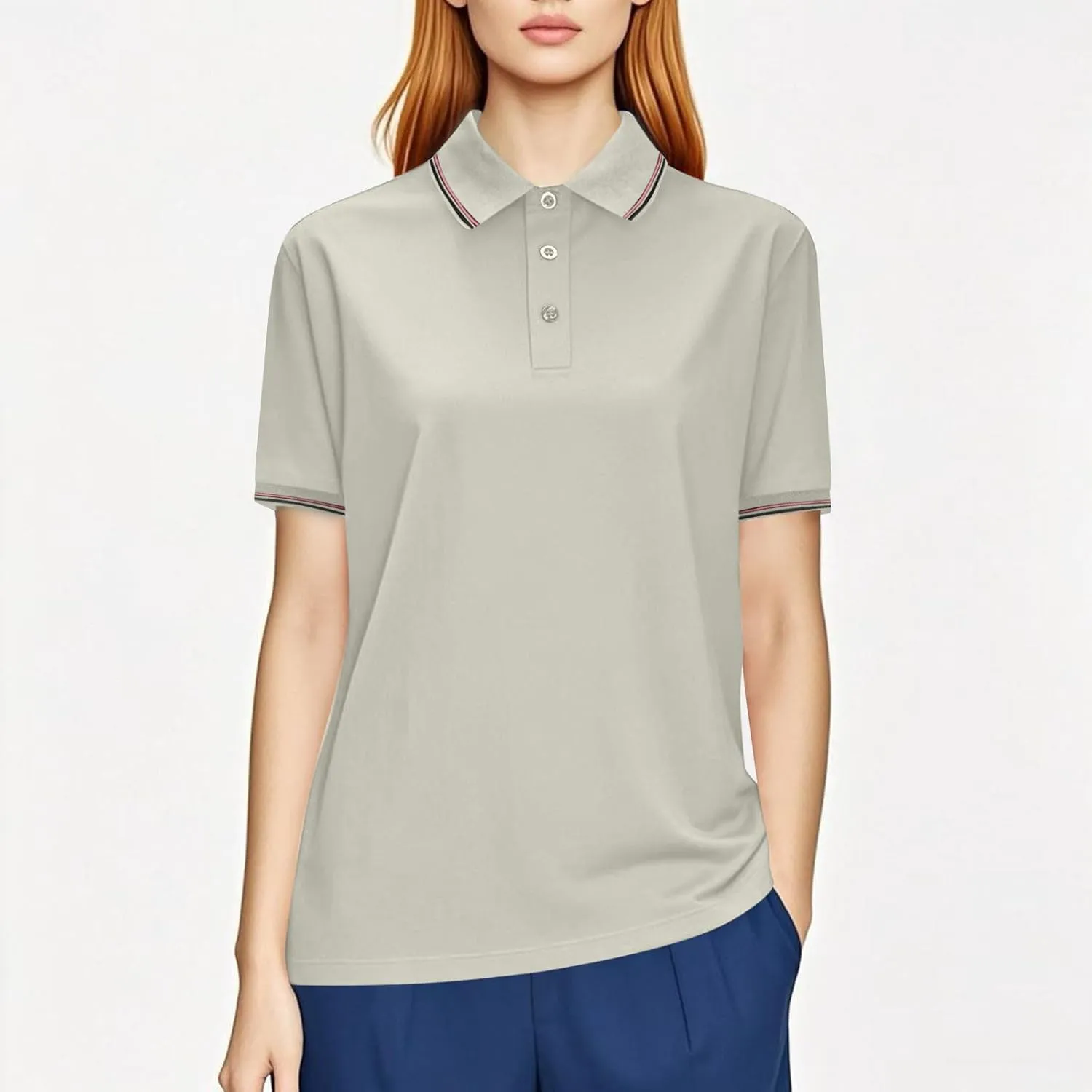 Women Button Up Collared Golf Polo Shirt Fashion Striped Trim Mesh Quick Dry T-Shirts Summer Short Sleeve Dressy Work Tops
