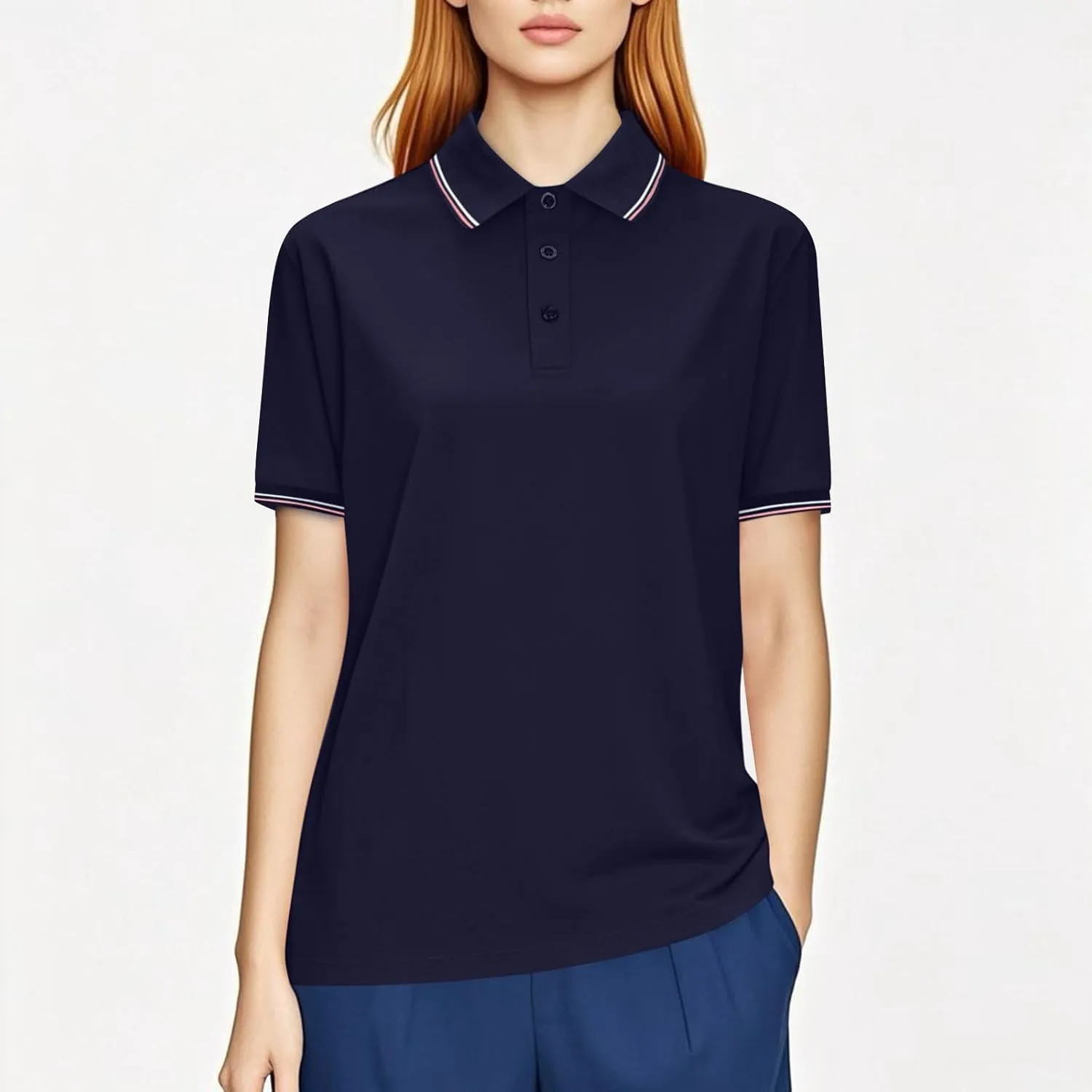 Women Button Up Collared Golf Polo Shirt Fashion Striped Trim Mesh Quick Dry T-Shirts Summer Short Sleeve Dressy Work Tops