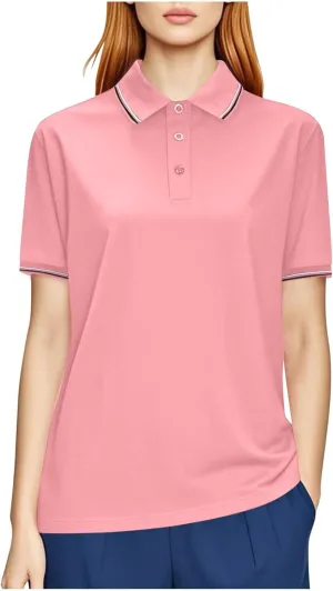 Women Button Up Collared Golf Polo Shirt Fashion Striped Trim Mesh Quick Dry T-Shirts Summer Short Sleeve Dressy Work Tops