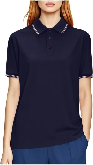 Women Button Up Collared Golf Polo Shirt Fashion Striped Trim Mesh Quick Dry T-Shirts Summer Short Sleeve Dressy Work Tops