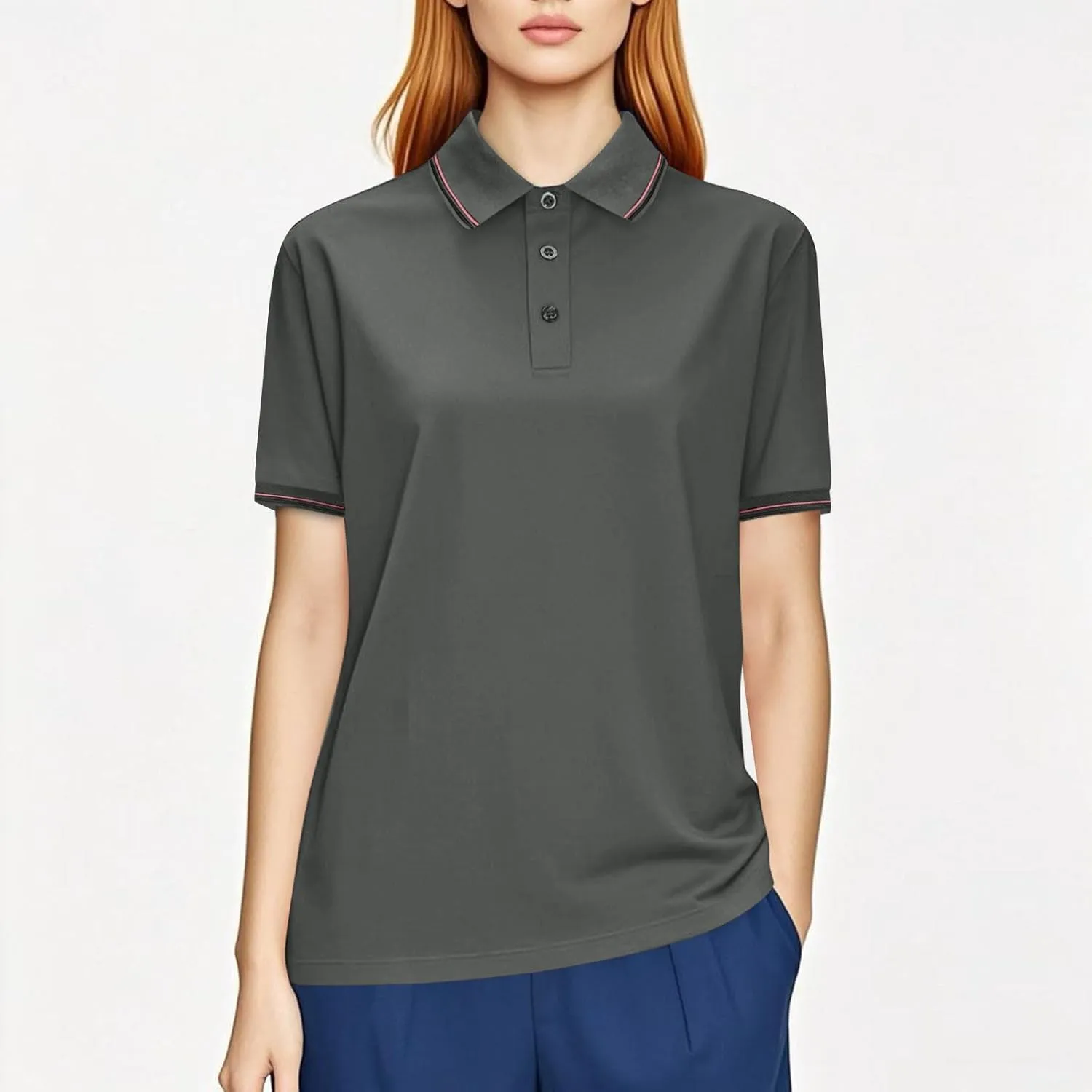 Women Button Up Collared Golf Polo Shirt Fashion Striped Trim Mesh Quick Dry T-Shirts Summer Short Sleeve Dressy Work Tops