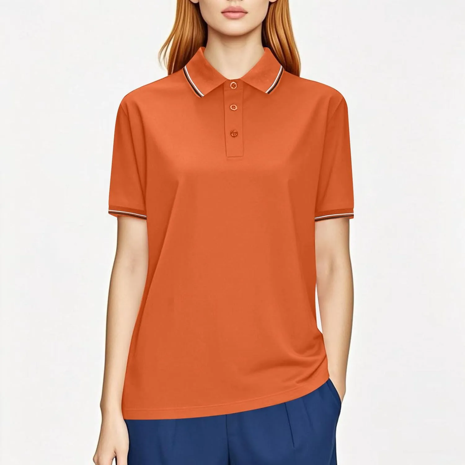 Women Button Up Collared Golf Polo Shirt Fashion Striped Trim Mesh Quick Dry T-Shirts Summer Short Sleeve Dressy Work Tops