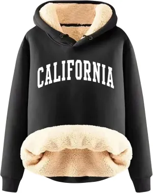 Women California Hoodies Winter Sherpa Lined Sweatshirt Warm Thermal Pullover Hooded Sweatshirts Fleece Jacket