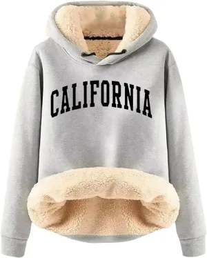 Women California Hoodies Winter Sherpa Lined Sweatshirt Warm Thermal Pullover Hooded Sweatshirts Fleece Jacket