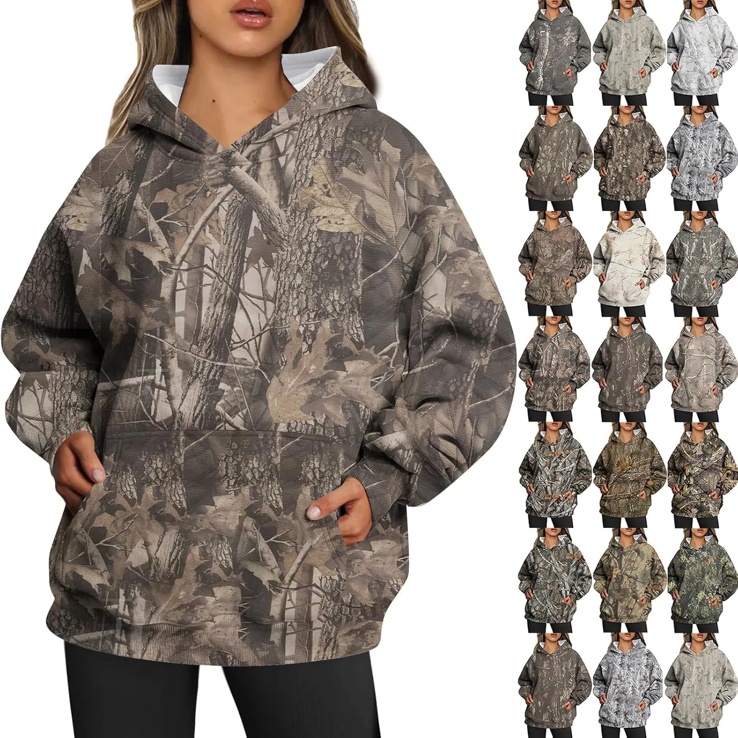 Women Camo Hoodie Maple-Leaf Print Oversized Sweatshirt Y2K Fall Fleece Hooded Sweatshirts With Kangaroo Pocket