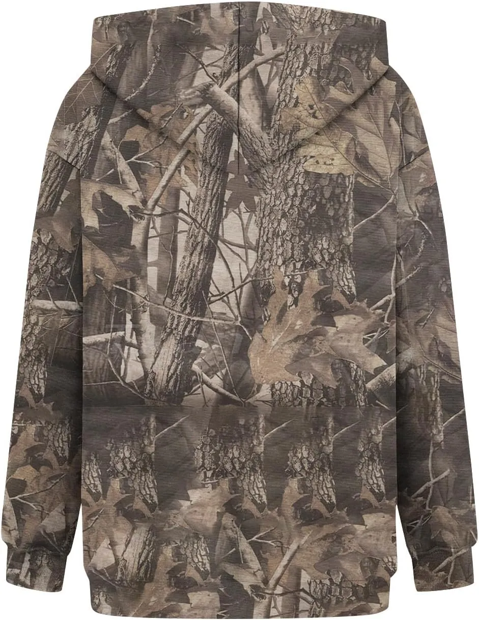 Women Camo Hoodie Maple-Leaf Print Oversized Sweatshirt Y2K Fall Fleece Hooded Sweatshirts With Kangaroo Pocket