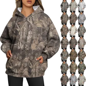 Women Camo Hoodie Maple-Leaf Print Oversized Sweatshirt Y2K Fall Fleece Hooded Sweatshirts With Kangaroo Pocket