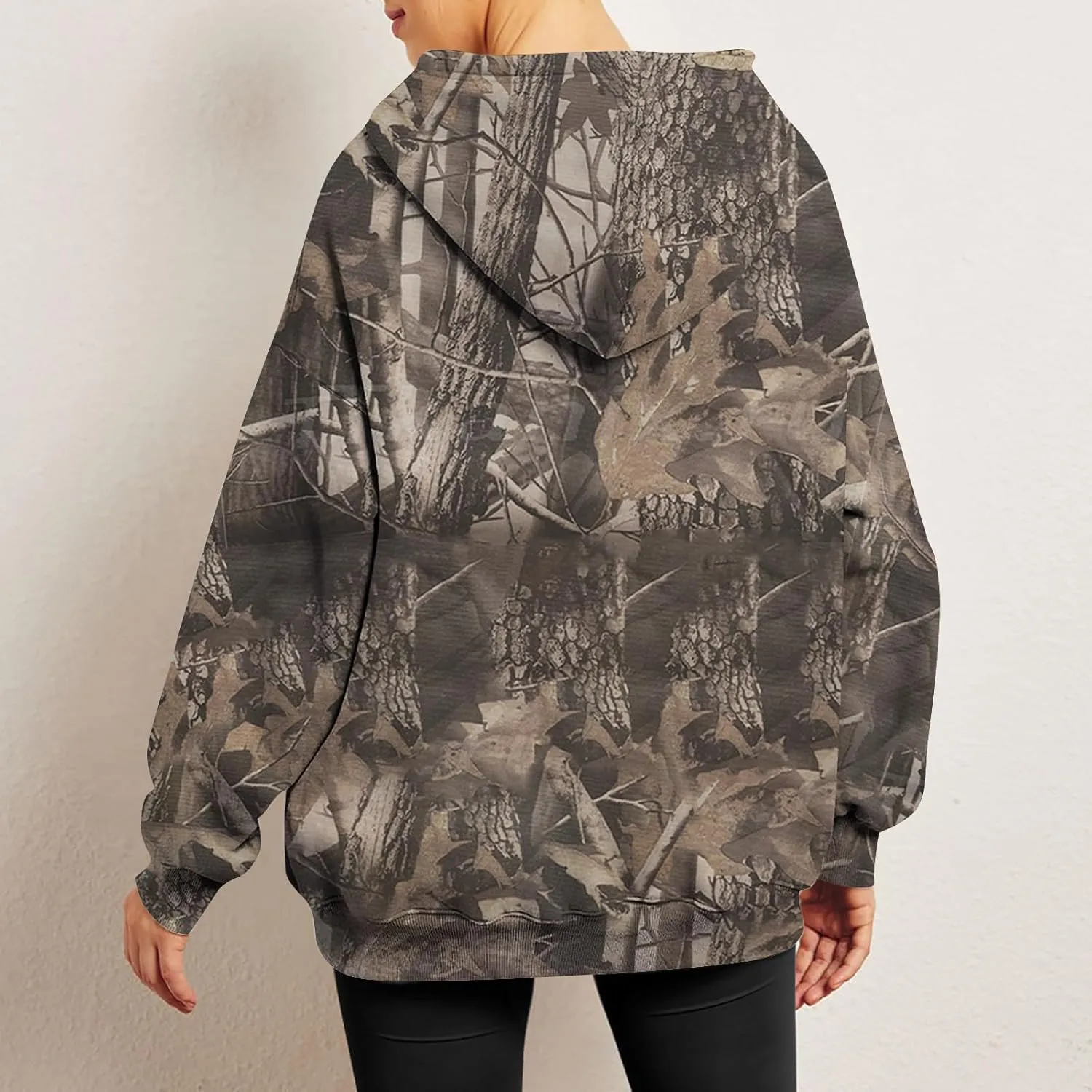 Women Camo Hoodie Maple-Leaf Print Oversized Sweatshirt Y2K Fall Fleece Hooded Sweatshirts With Kangaroo Pocket