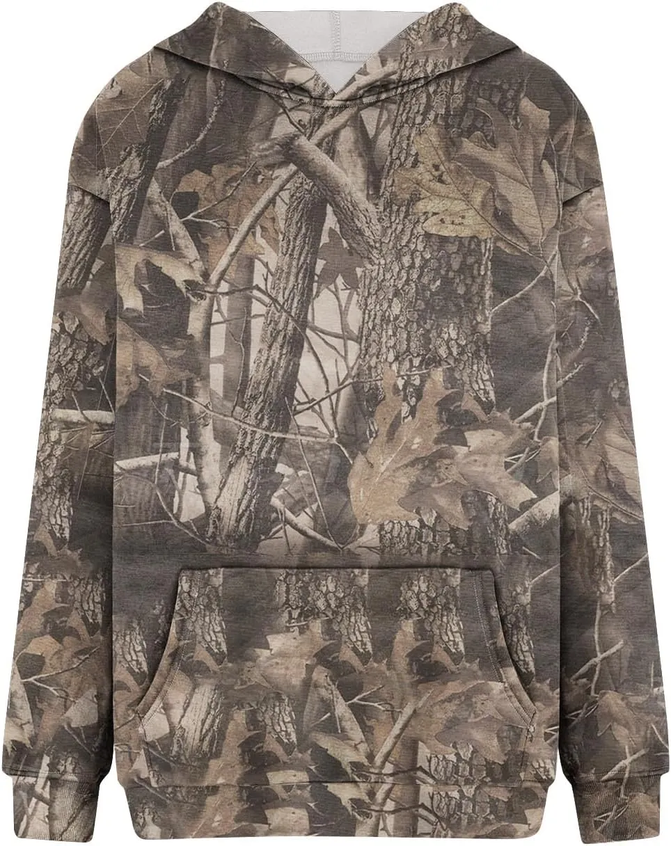 Women Camo Hoodie Maple-Leaf Print Oversized Sweatshirt Y2K Fall Fleece Hooded Sweatshirts With Kangaroo Pocket
