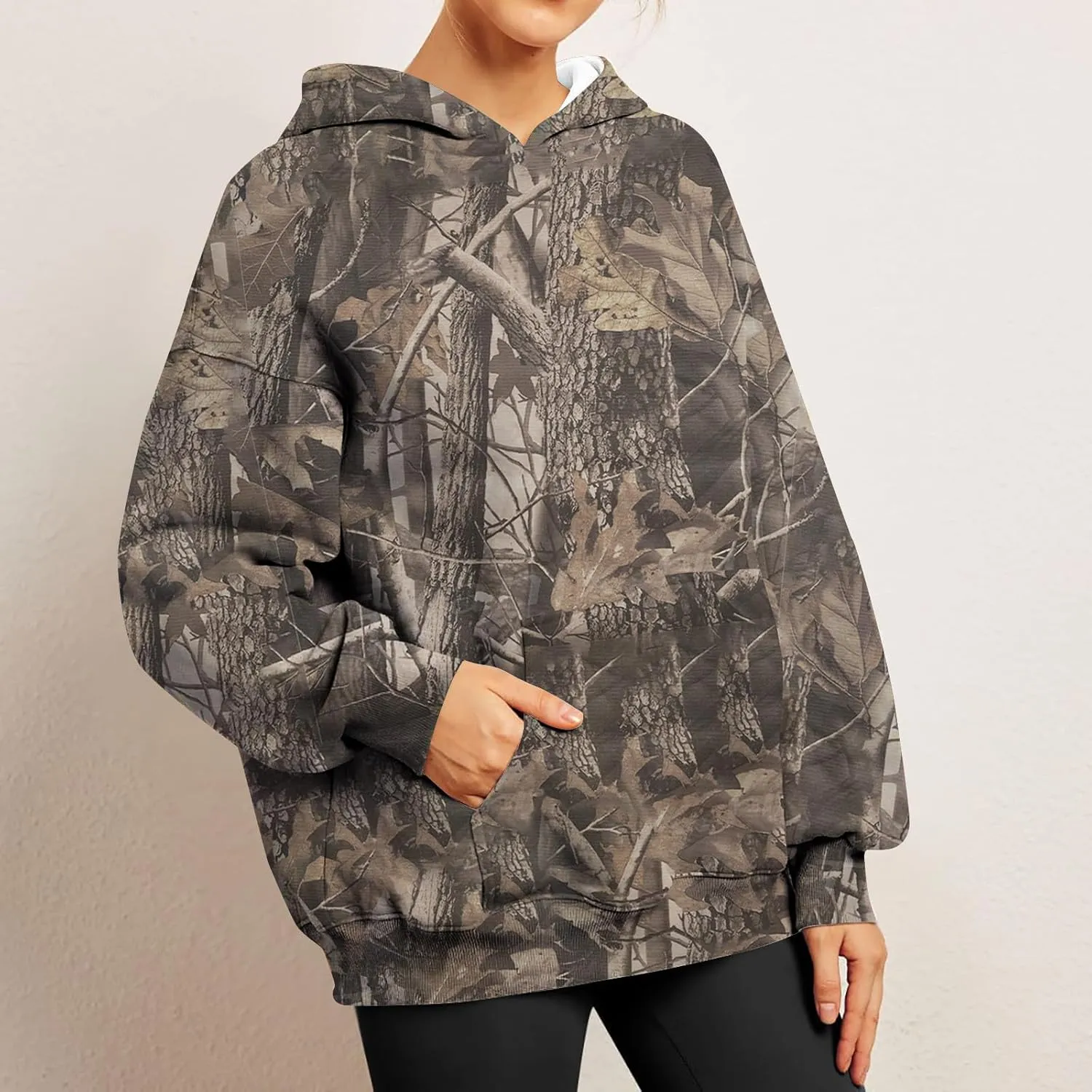 Women Camo Hoodie Maple-Leaf Print Oversized Sweatshirt Y2K Fall Fleece Hooded Sweatshirts With Kangaroo Pocket
