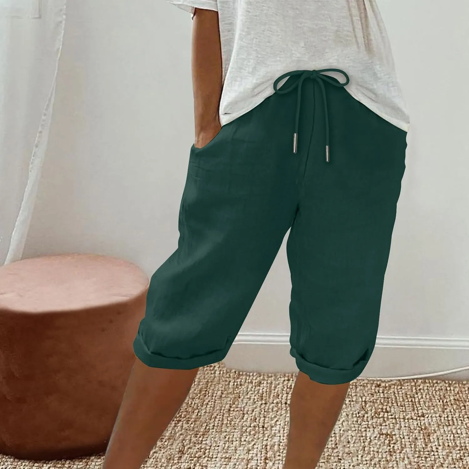 Women Cotton Linen Shorts Summer Knee Length Shorts High Waisted Bermuda Beach Capris Lounge Short Pant with Pocket