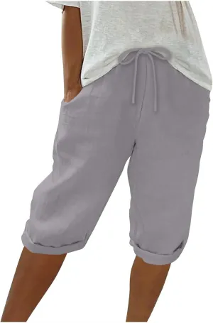 Women Cotton Linen Shorts Summer Knee Length Shorts High Waisted Bermuda Beach Capris Lounge Short Pant with Pocket
