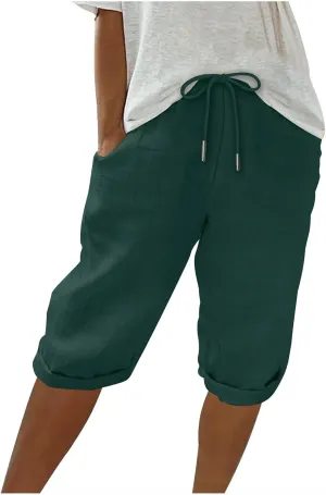 Women Cotton Linen Shorts Summer Knee Length Shorts High Waisted Bermuda Beach Capris Lounge Short Pant with Pocket