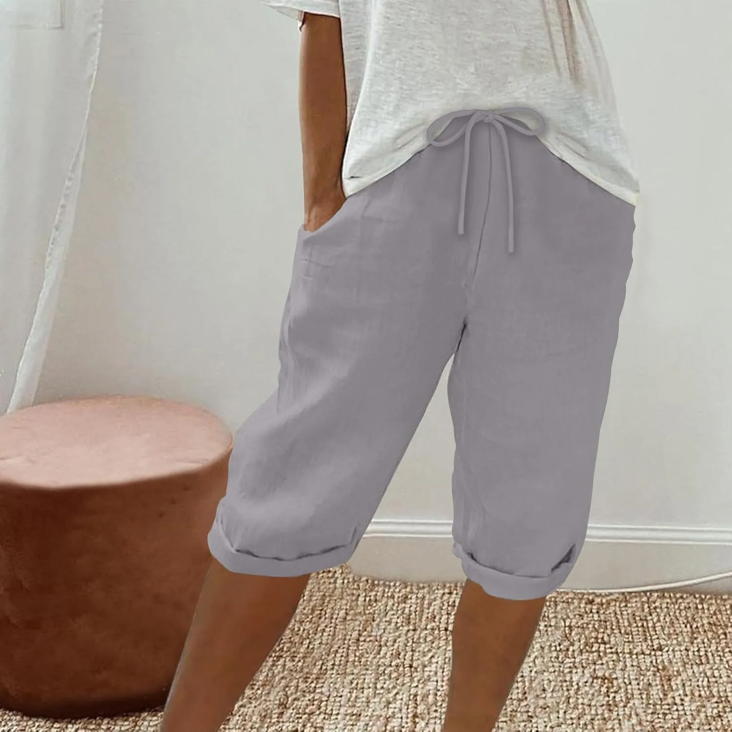 Women Cotton Linen Shorts Summer Knee Length Shorts High Waisted Bermuda Beach Capris Lounge Short Pant with Pocket