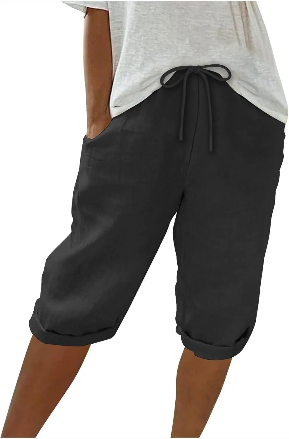 Women Cotton Linen Shorts Summer Knee Length Shorts High Waisted Bermuda Beach Capris Lounge Short Pant with Pocket