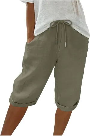 Women Cotton Linen Shorts Summer Knee Length Shorts High Waisted Bermuda Beach Capris Lounge Short Pant with Pocket