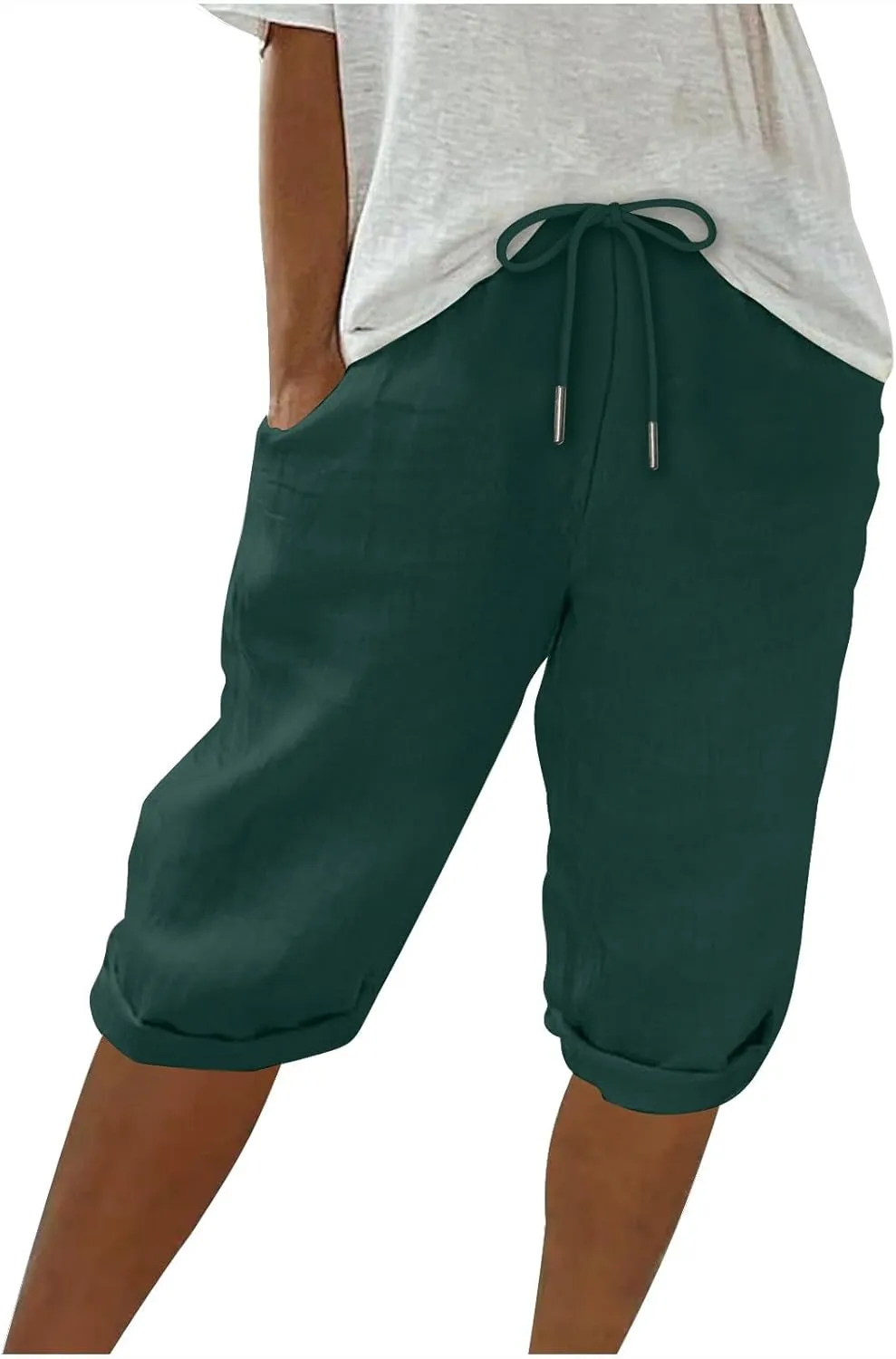 Women Cotton Linen Shorts Summer Knee Length Shorts High Waisted Bermuda Beach Capris Lounge Short Pant with Pocket