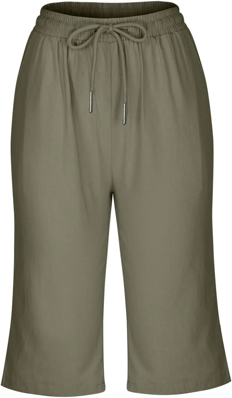 Women Cotton Linen Shorts Summer Knee Length Shorts High Waisted Bermuda Beach Capris Lounge Short Pant with Pocket