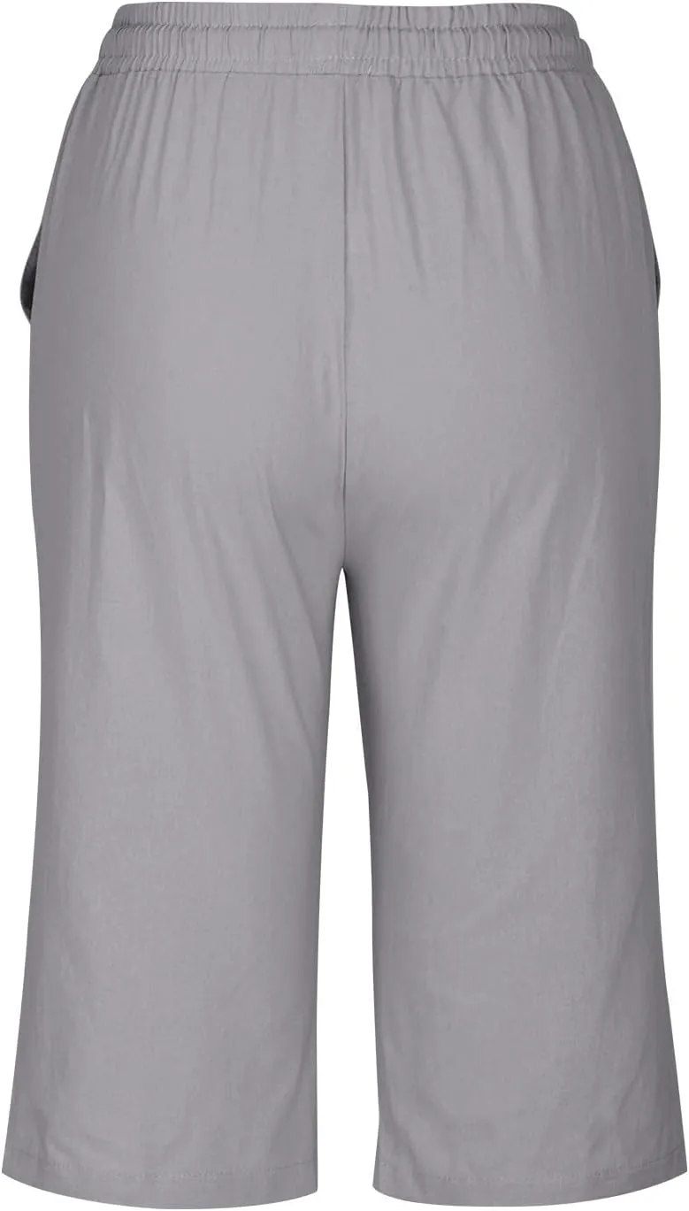 Women Cotton Linen Shorts Summer Knee Length Shorts High Waisted Bermuda Beach Capris Lounge Short Pant with Pocket