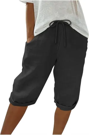 Women Cotton Linen Shorts Summer Knee Length Shorts High Waisted Bermuda Beach Capris Lounge Short Pant with Pocket