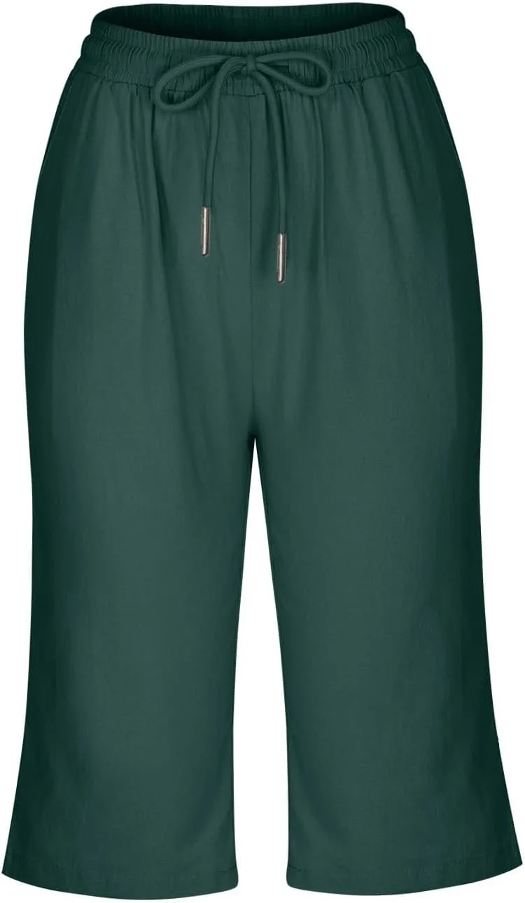 Women Cotton Linen Shorts Summer Knee Length Shorts High Waisted Bermuda Beach Capris Lounge Short Pant with Pocket