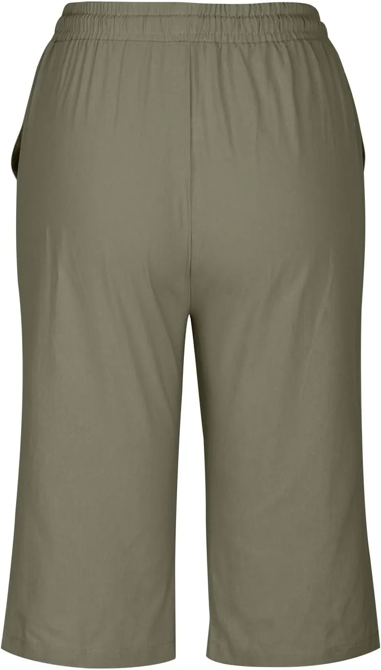 Women Cotton Linen Shorts Summer Knee Length Shorts High Waisted Bermuda Beach Capris Lounge Short Pant with Pocket