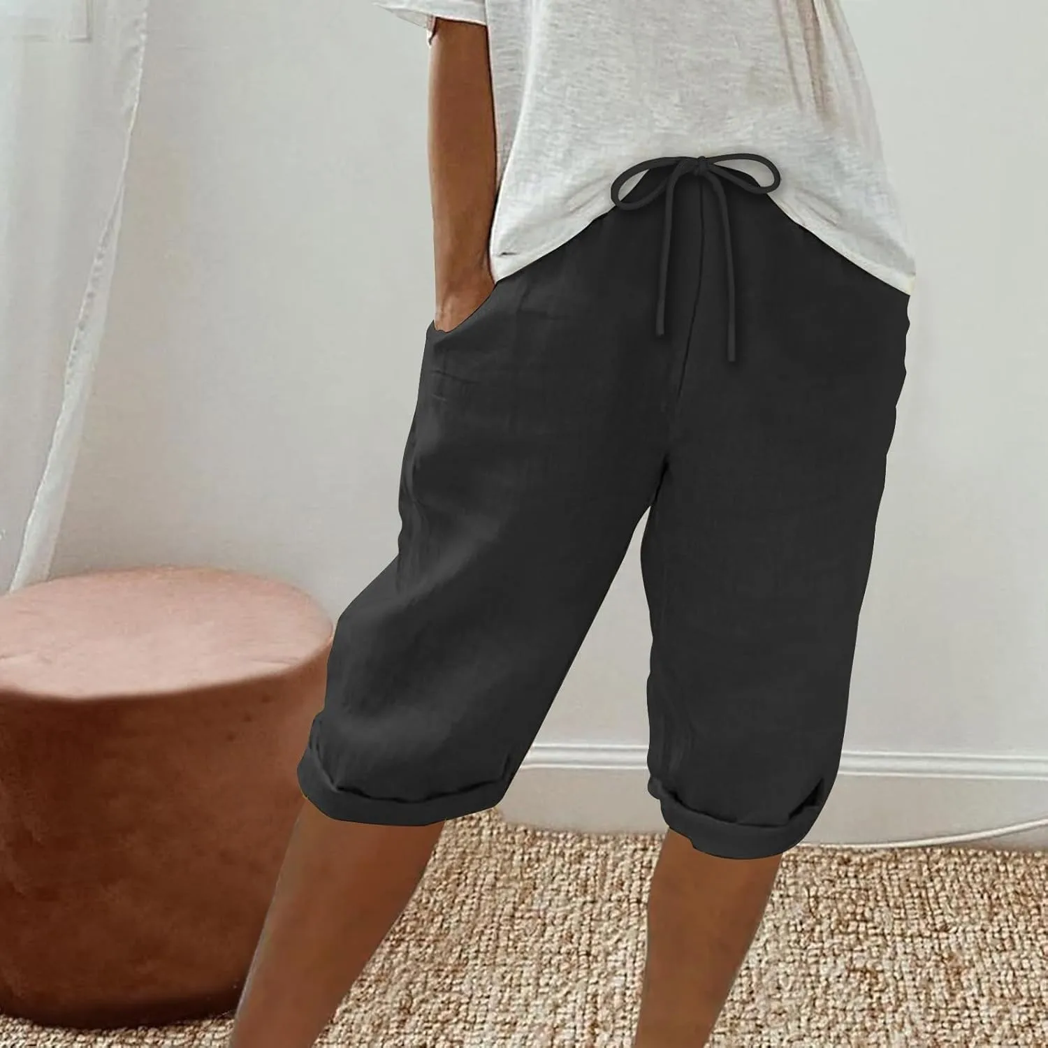 Women Cotton Linen Shorts Summer Knee Length Shorts High Waisted Bermuda Beach Capris Lounge Short Pant with Pocket