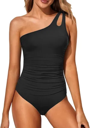 Women One Piece Swimsuits Tummy Control One Shoulder Bathing Suits Cutout Mesh Ruffle Swimwear Retro Ruched Backless Tie Two