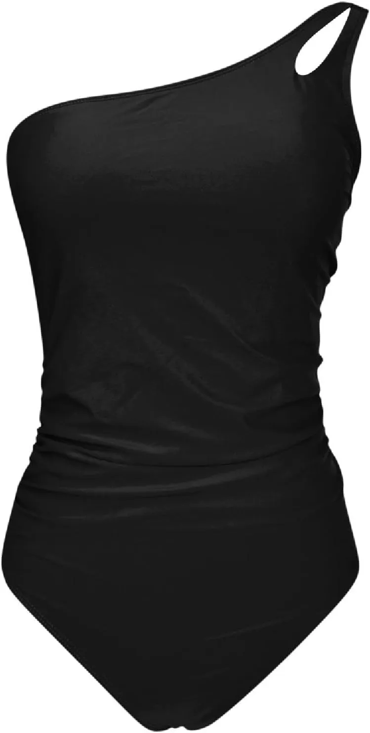 Women One Piece Swimsuits Tummy Control One Shoulder Bathing Suits Cutout Mesh Ruffle Swimwear Retro Ruched Backless Tie Two