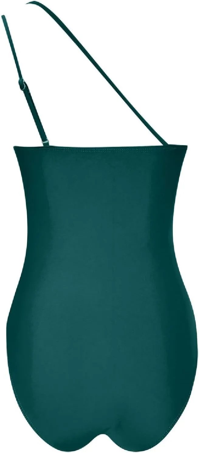Women One Piece Swimsuits Tummy Control One Shoulder Bathing Suits Cutout Mesh Ruffle Swimwear Retro Ruched Backless Tie Two