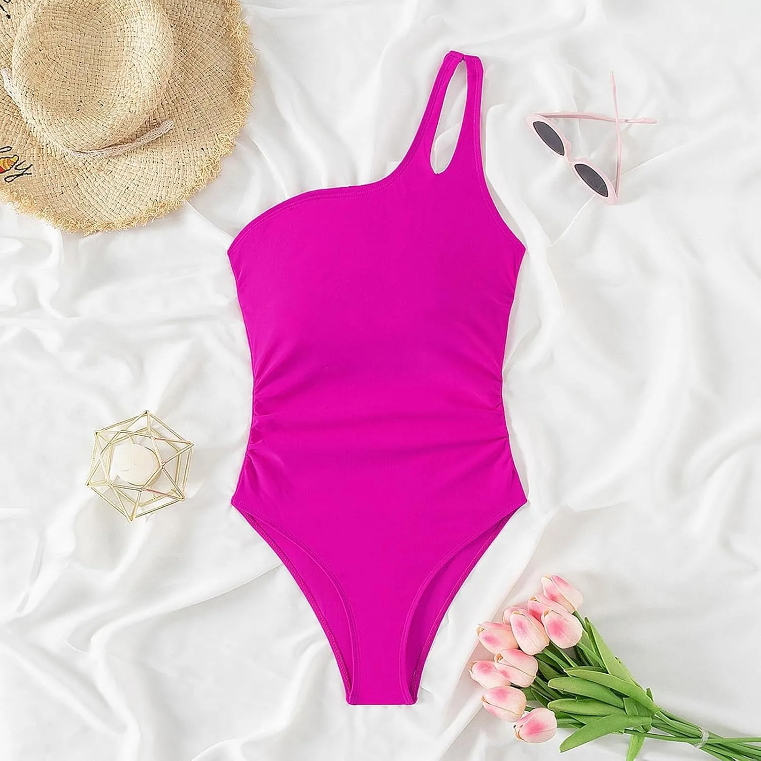 Women One Piece Swimsuits Tummy Control One Shoulder Bathing Suits Cutout Mesh Ruffle Swimwear Retro Ruched Backless Tie Two