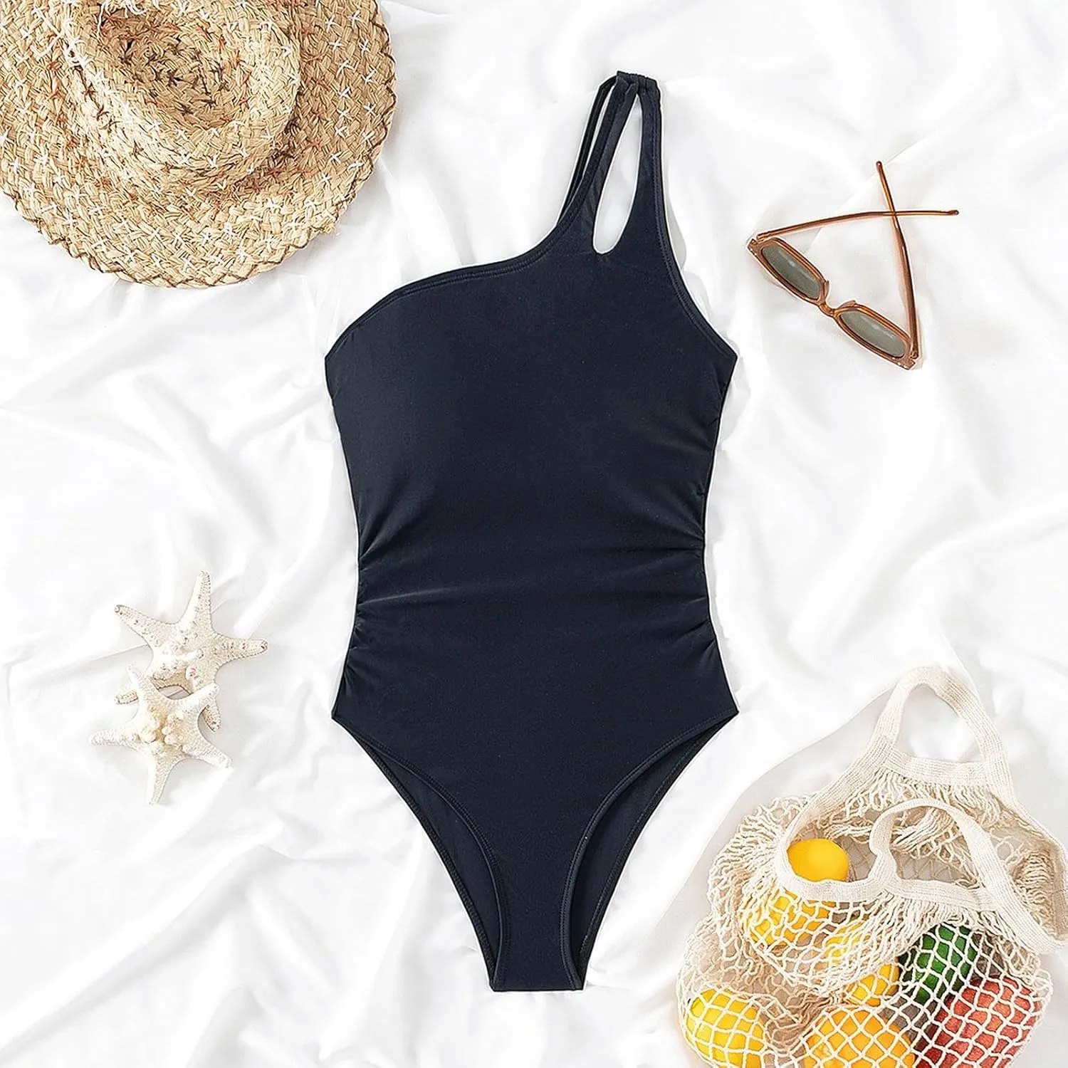 Women One Piece Swimsuits Tummy Control One Shoulder Bathing Suits Cutout Mesh Ruffle Swimwear Retro Ruched Backless Tie Two