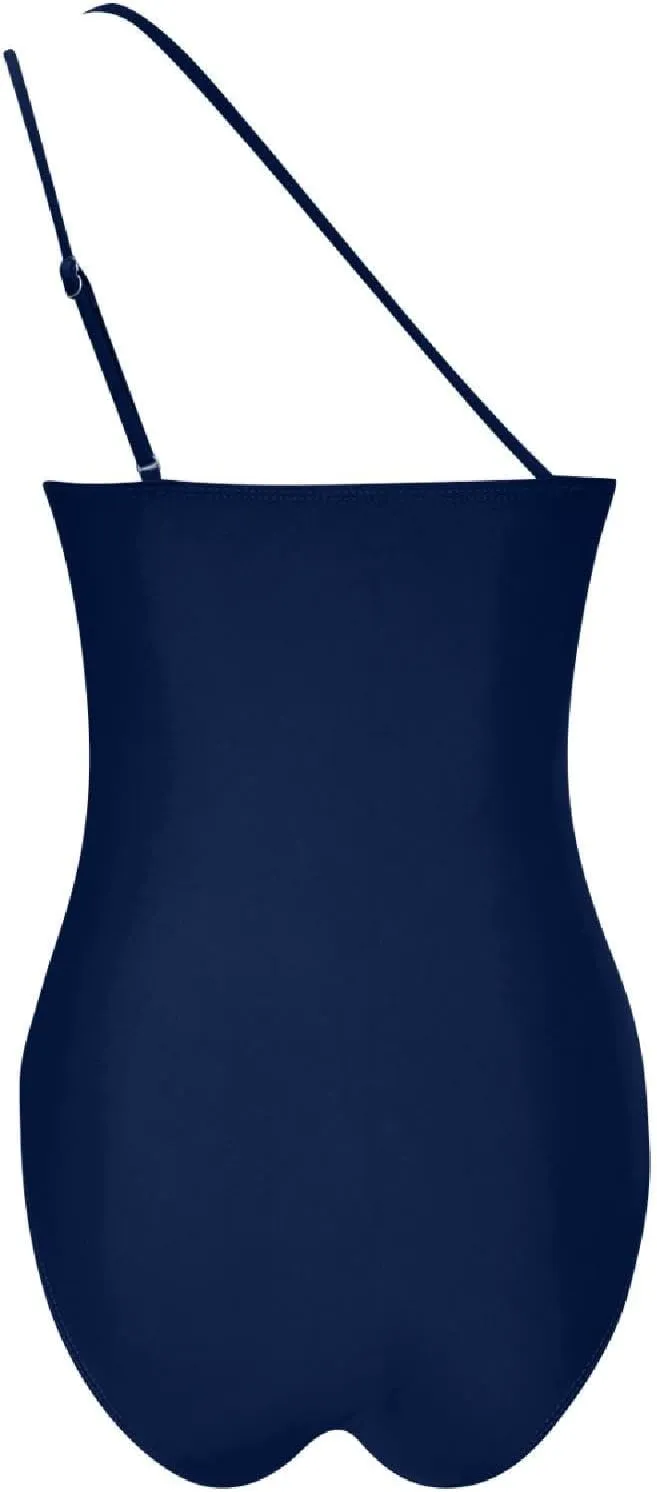 Women One Piece Swimsuits Tummy Control One Shoulder Bathing Suits Cutout Mesh Ruffle Swimwear Retro Ruched Backless Tie Two