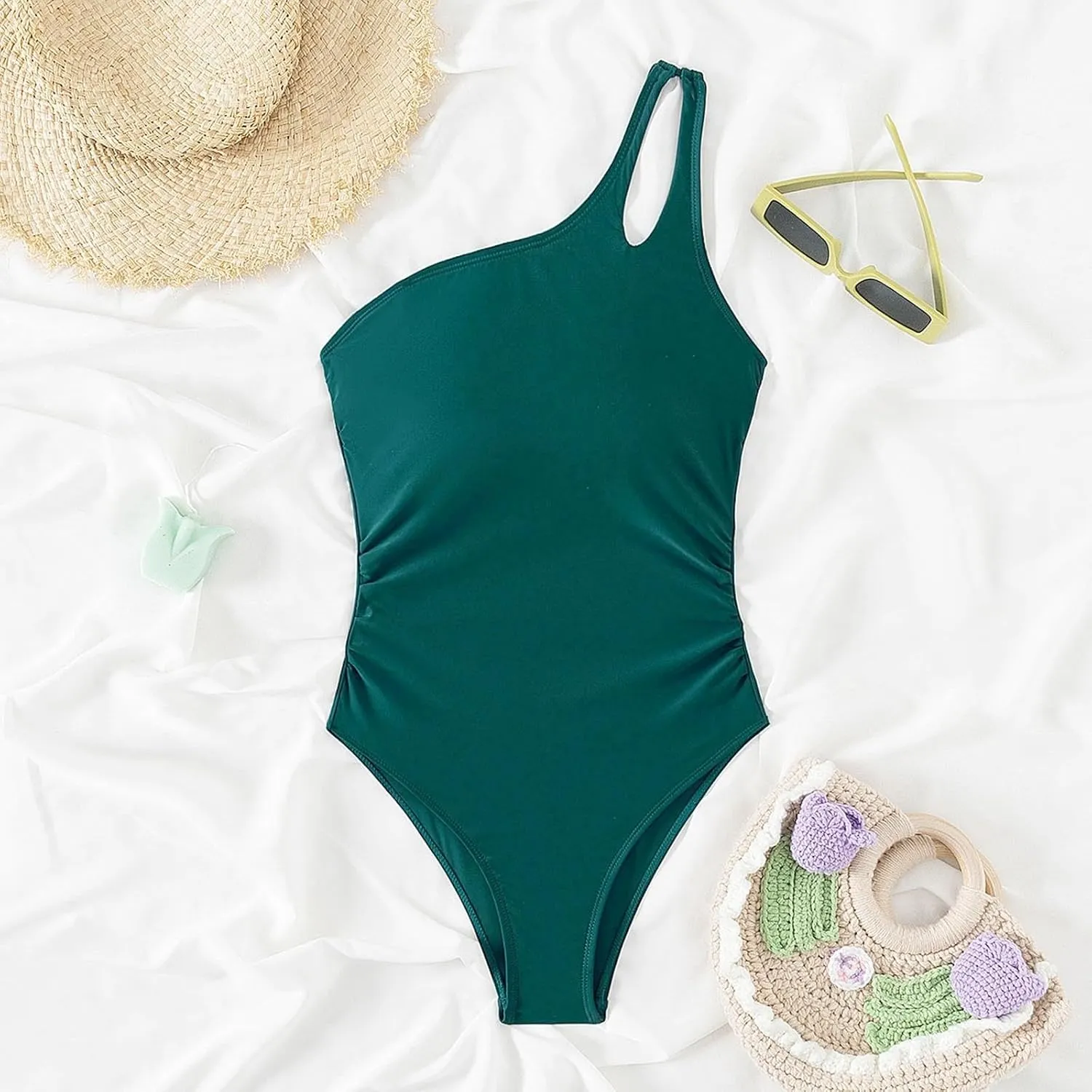 Women One Piece Swimsuits Tummy Control One Shoulder Bathing Suits Cutout Mesh Ruffle Swimwear Retro Ruched Backless Tie Two