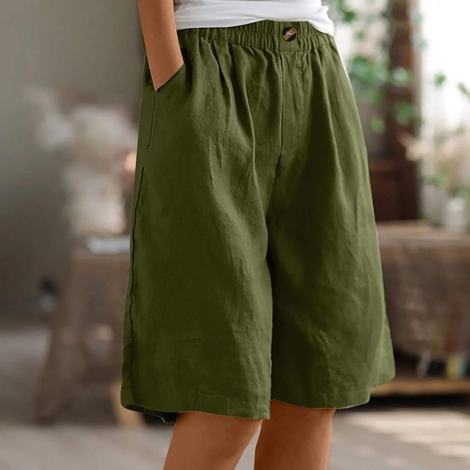 Women Summer Cotton Linen Bermuda Shorts Elastic Waist Wide Leg Shorts Loose Knee Length Shorts Casual Beach Shorts