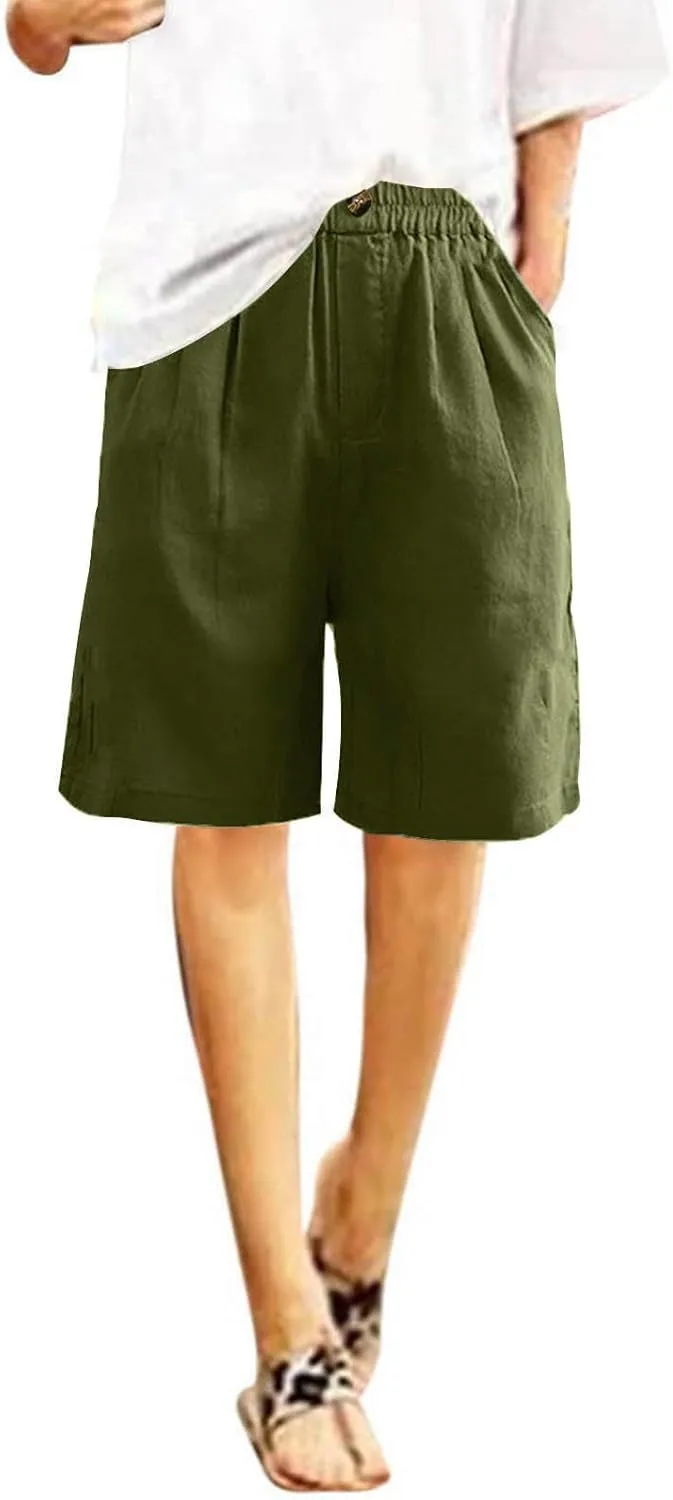 Women Summer Cotton Linen Bermuda Shorts Elastic Waist Wide Leg Shorts Loose Knee Length Shorts Casual Beach Shorts
